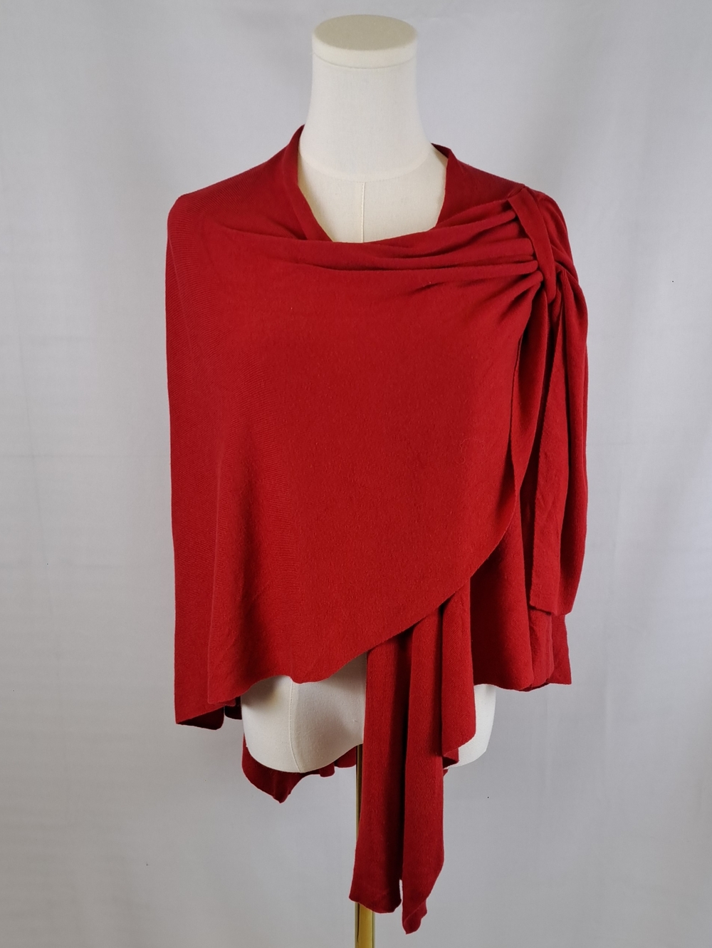 NorthStyle Red Draped Poncho Gathered Shoulder Asymmetrical Knit Cotton Blend OS